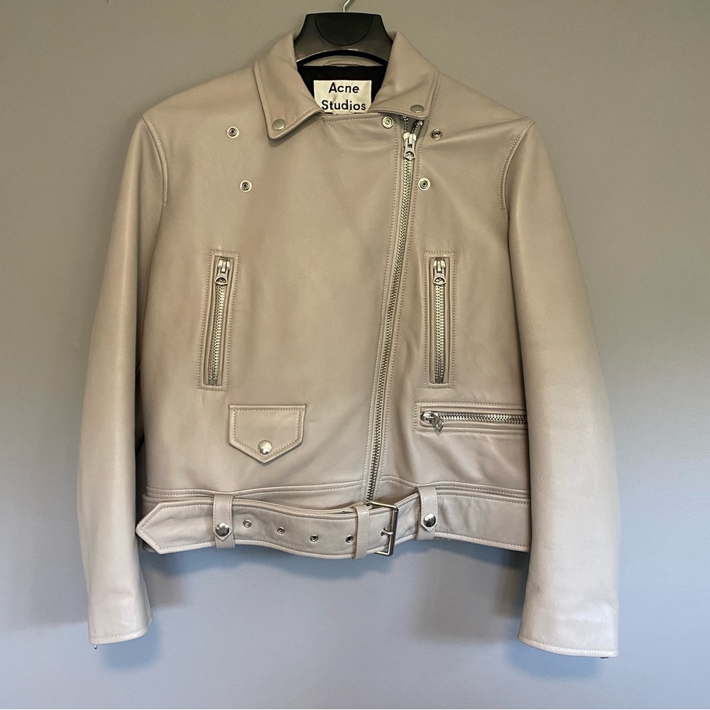 Acne Studios Merlyn Oversized Leather Moto Jacket 38 Dove Gray Lamb Leather - Picture 6 of 16